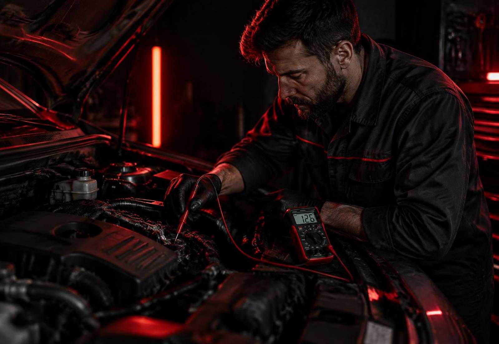 Técnico da CWE Auto Elétrica testando o sistema elétrico de um veículo